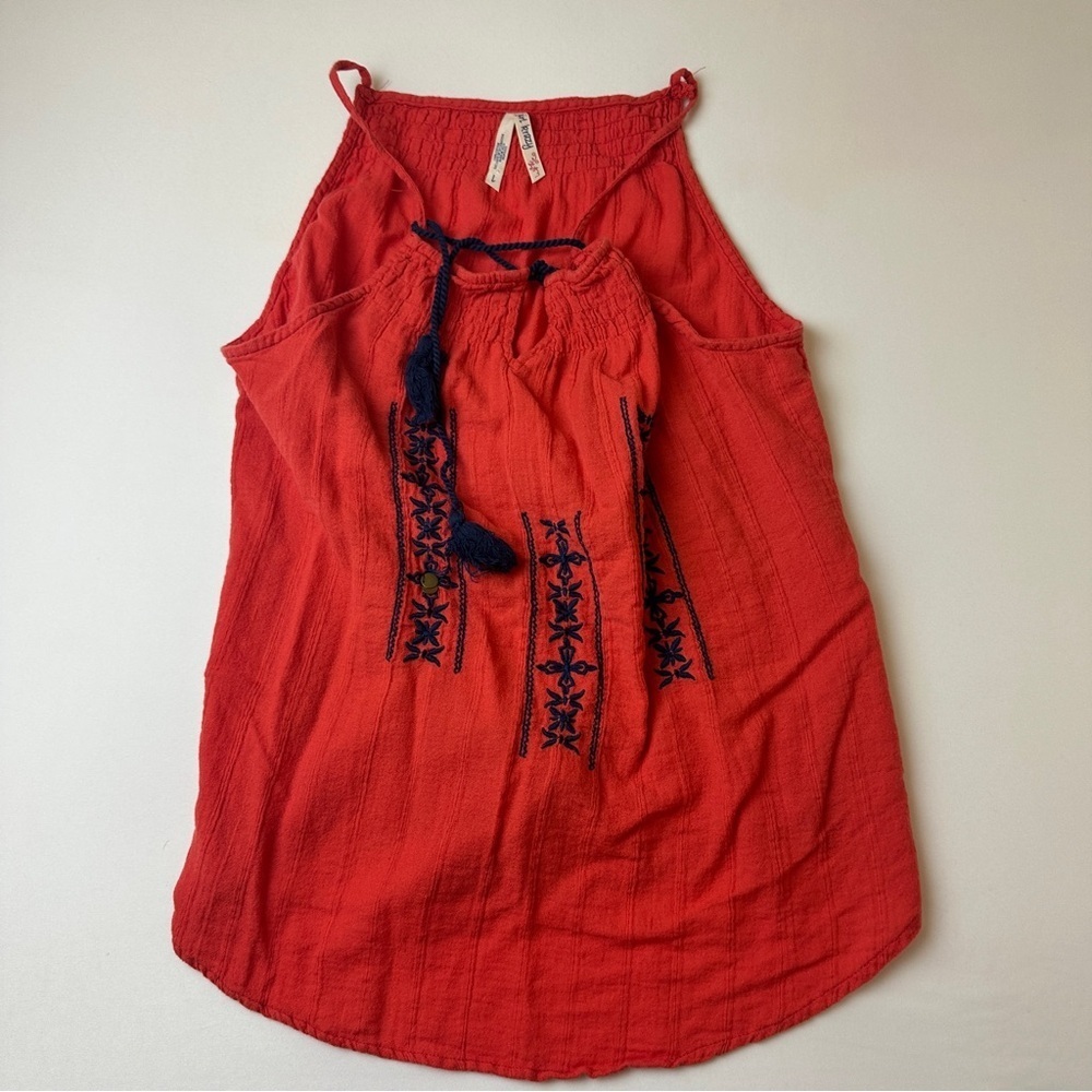 Girl Krazy Tank Top Womens Large Red Sleeveless Boho Embroidered Tassel Tie